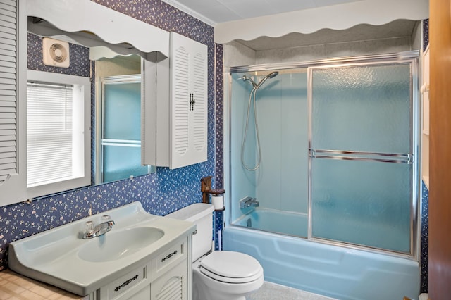 691 N Rd, Parsonsfield, ME 04047 - bathroom with wallpapered walls, vanity, toilet, shower / bath combination with glass door, and crown molding