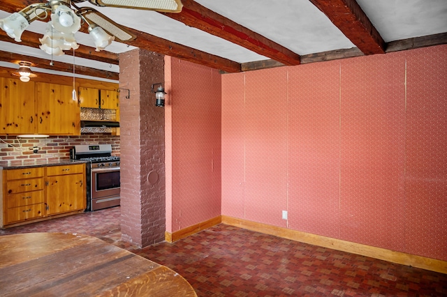 691 N Rd, Parsonsfield, ME 04047 - kitchen featuring stainless steel gas range oven, beam ceiling, decorative backsplash, custom range hood, and ceiling fan