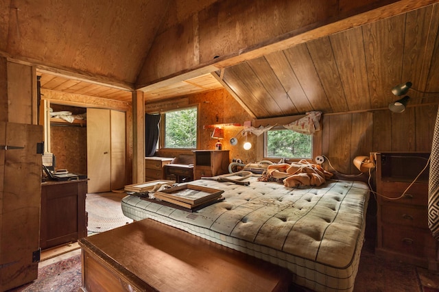12 York Ln, Dallas Plt, ME 04970 - bedroom with lofted ceiling, multiple windows, wooden walls, wooden ceiling, and a closet