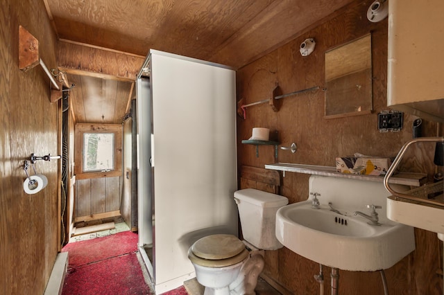 12 York Ln, Dallas Plt, ME 04970 - bathroom featuring wooden walls, toilet, wood ceiling, a sink, and a shower