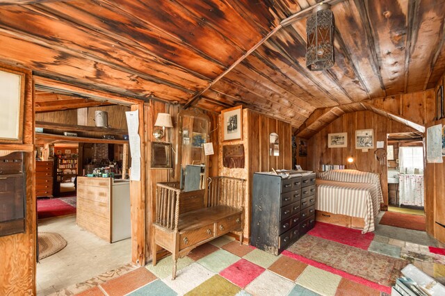 12 York Ln, Dallas Plt, ME 04970 - bedroom with lofted ceiling, tile patterned floors, wood walls, and wood ceiling