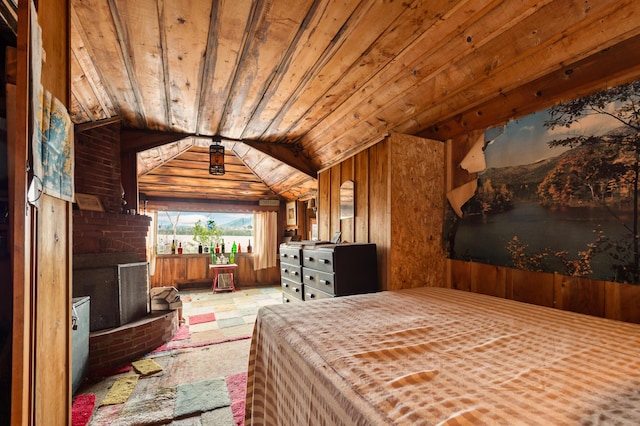 12 York Ln, Dallas Plt, ME 04970 - bedroom featuring wood walls, wooden ceiling, and lofted ceiling