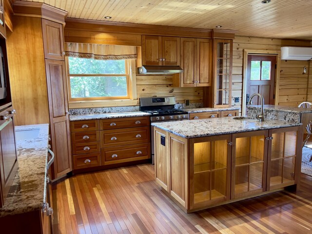 869 Turkey Tail Rd Unit T4, Indian Purchase Twp, ME 04462 - kitchen with a sink, brown cabinetry, light wood-type flooring, under cabinet range hood, and wooden ceiling