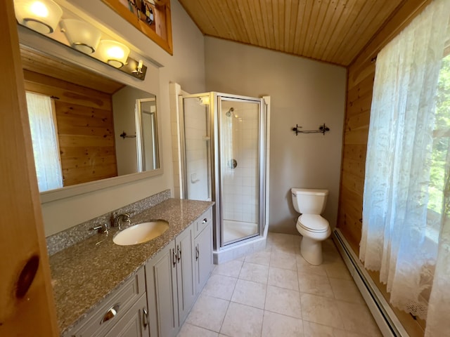 869 Turkey Tail Rd Unit T4, Indian Purchase Twp, ME 04462 - full bath featuring baseboard heating, wooden walls, plenty of natural light, a stall shower, and wooden ceiling