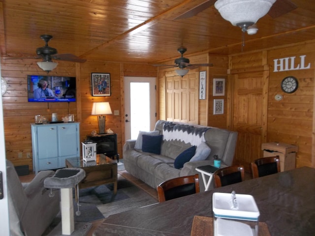 1824 Sunny Cove Ln, Meddybemps, ME 04657 - living room with ceiling fan, wood walls, and wood ceiling