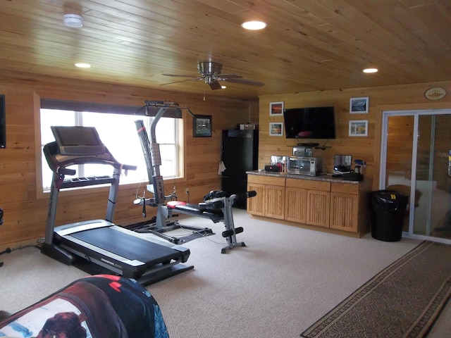 1824 Sunny Cove Ln, Meddybemps, ME 04657 - workout room with wooden walls, light colored carpet, ceiling fan, wood ceiling, and recessed lighting