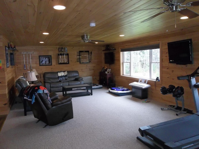 1824 Sunny Cove Ln, Meddybemps, ME 04657 - living room with a ceiling fan, wood ceiling, carpet flooring, recessed lighting, and wood walls