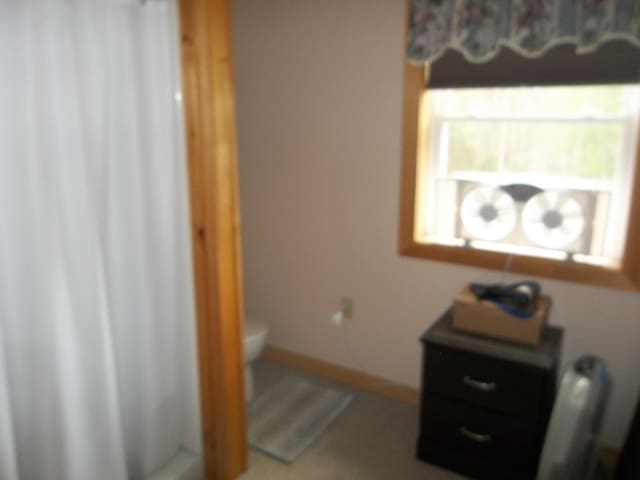 1824 Sunny Cove Ln, Meddybemps, ME 04657 - bathroom featuring toilet, a shower with shower curtain, and baseboards