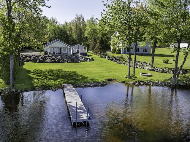 1824 Sunny Cove Ln, Meddybemps, ME 04657 - dock featuring a water view, a yard, and an outdoor fire pit