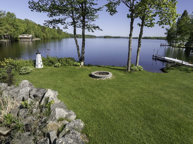 1824 Sunny Cove Ln, Meddybemps, ME 04657 - view of grassy yard featuring a fire pit, a water view, and a dock