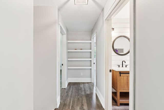 430 Old Bath Rd, Wiscasset, ME 04578 - hallway featuring dark wood-style flooring and a sink