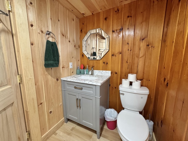 53 Pigeon Rd, Fletchers Landing Twp, ME 04605 - bathroom with vanity, wooden walls, and wood finished floors