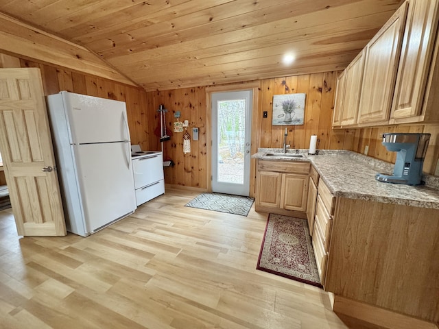 53 Pigeon Rd, Fletchers Landing Twp, ME 04605 - kitchen with white appliances, vaulted ceiling, wood ceiling, light wood finished floors, and wooden walls
