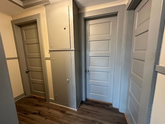 72 Seal Cove Rd, Southwest Harbor, ME 04679 - doorway with dark wood-style flooring, ornamental molding, and baseboards