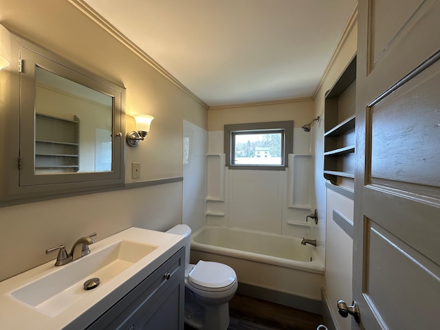 72 Seal Cove Rd, Southwest Harbor, ME 04679 - full bathroom with ornamental molding, shower / bathtub combination, toilet, vanity, and wood finished floors