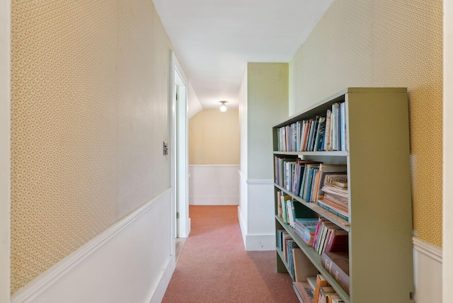 538 Malbons Mills Rd, Skowhegan, ME 04976 - hallway featuring carpet flooring, wallpapered walls, and wainscoting