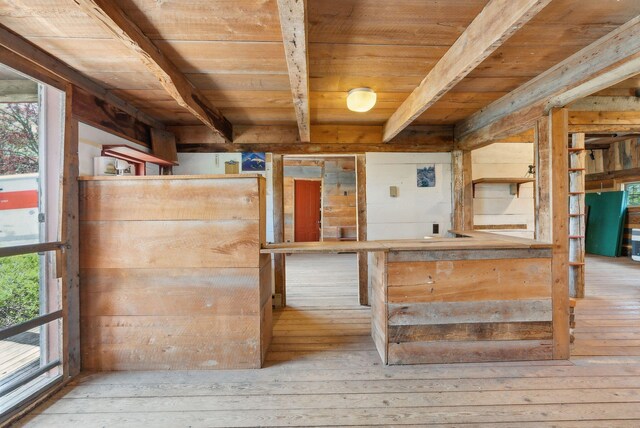 538 Malbons Mills Rd, Skowhegan, ME 04976 - interior space with hardwood / wood-style floors and wooden ceiling with exposed beams