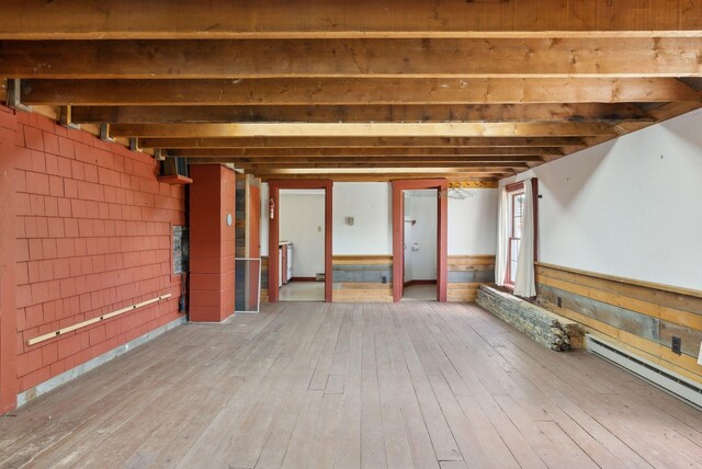 538 Malbons Mills Rd, Skowhegan, ME 04976 - below grade area with a baseboard radiator, wood-type flooring, and wainscoting