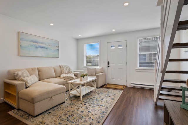 15 Francis St Unit 10, Old Orchard Beach, ME 04064 - living room featuring stairway, dark wood finished floors, and recessed lighting