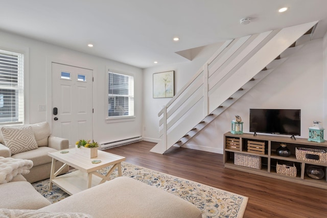 15 Francis St Unit 10, Old Orchard Beach, ME 04064 - living room with baseboard heating, stairway, wood finished floors, recessed lighting, and baseboards
