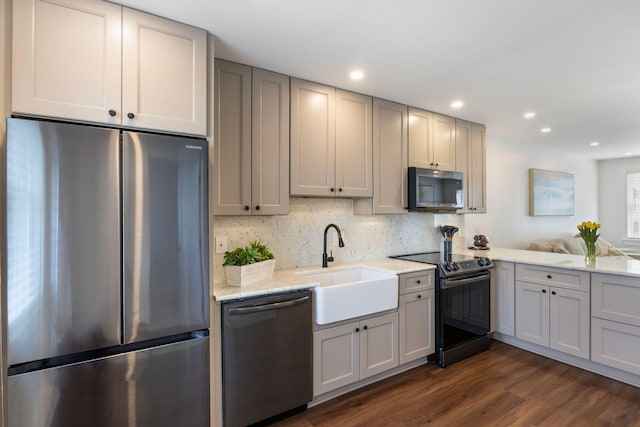 15 Francis St Unit 10, Old Orchard Beach, ME 04064 - kitchen with freestanding refrigerator, black range with electric cooktop, dishwashing machine, gray cabinetry, and a sink