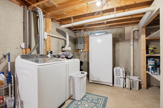 212 New Dam Rd, Waterboro, ME 04061 - unfinished below grade area featuring freestanding refrigerator, washing machine and clothes dryer, and electric panel