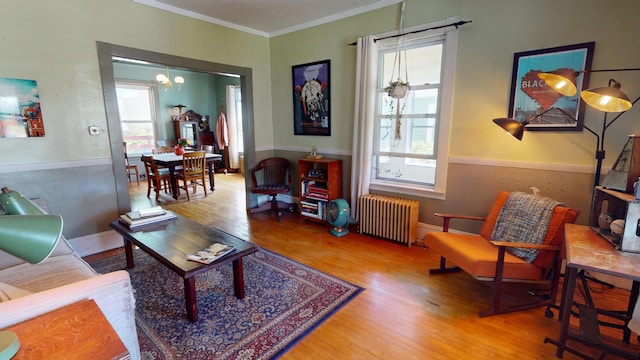 19 Russell St, Bangor, ME 04401 - living area featuring radiator, healthy amount of natural light, wood finished floors, a chandelier, and crown molding