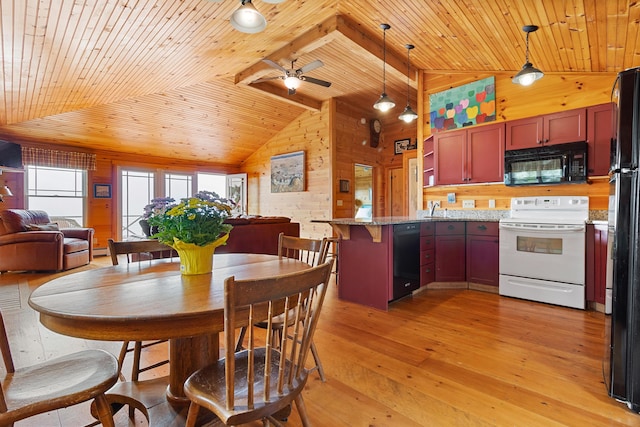21 Linekin Rd, Boothbay Harbor, ME 04538 - dining room featuring wooden ceiling, light wood finished floors, ceiling fan, and wood walls