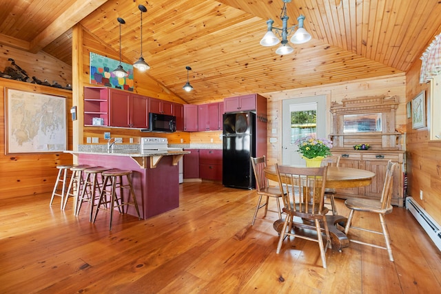 21 Linekin Rd, Boothbay Harbor, ME 04538 - dining room with wooden ceiling, baseboard heating, wooden walls, light wood-style flooring, and a chandelier