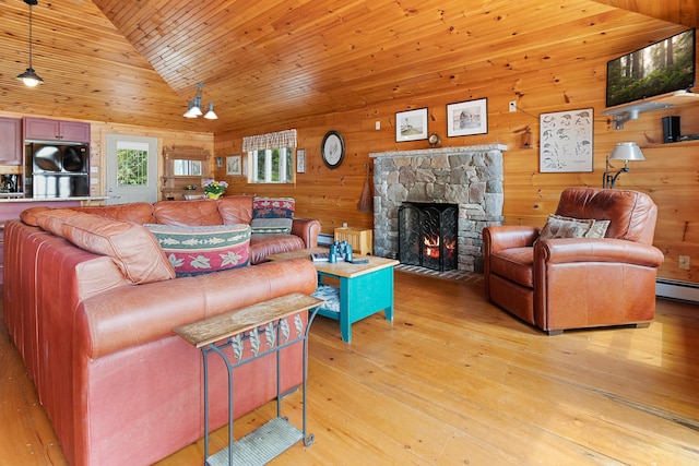 21 Linekin Rd, Boothbay Harbor, ME 04538 - living room featuring vaulted ceiling, a stone fireplace, light wood-style floors, wooden walls, and wooden ceiling