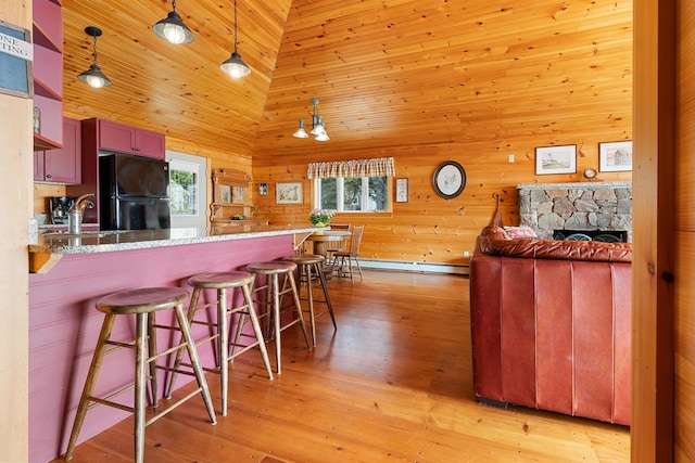 21 Linekin Rd, Boothbay Harbor, ME 04538 - kitchen with freestanding refrigerator, baseboard heating, a sink, plenty of natural light, and wooden walls