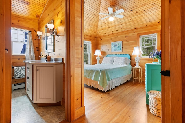 21 Linekin Rd, Boothbay Harbor, ME 04538 - bedroom with vaulted ceiling, wood ceiling, a baseboard heating unit, wooden walls, and light wood-style floors