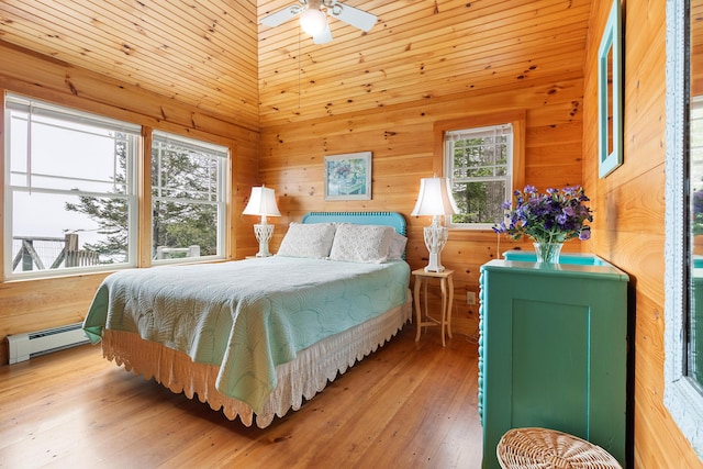 21 Linekin Rd, Boothbay Harbor, ME 04538 - bedroom with baseboard heating, wooden walls, and hardwood / wood-style floors
