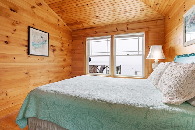 21 Linekin Rd, Boothbay Harbor, ME 04538 - bedroom featuring vaulted ceiling, wood ceiling, and wooden walls
