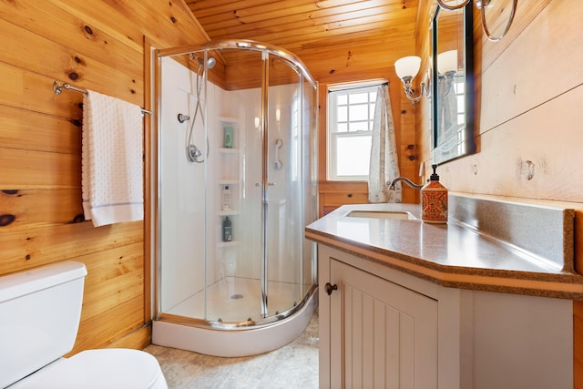 21 Linekin Rd, Boothbay Harbor, ME 04538 - full bath featuring a stall shower, toilet, vanity, wood ceiling, and wooden walls