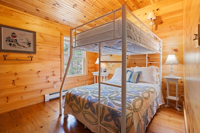 21 Linekin Rd, Boothbay Harbor, ME 04538 - bedroom featuring wood walls, wooden ceiling, hardwood / wood-style floors, and a baseboard heating unit