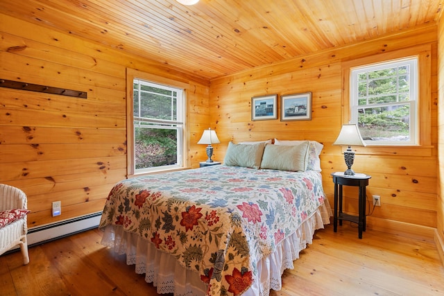 21 Linekin Rd, Boothbay Harbor, ME 04538 - bedroom with baseboard heating, hardwood / wood-style flooring, wooden ceiling, and wooden walls