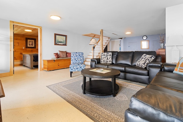 21 Linekin Rd, Boothbay Harbor, ME 04538 - living room featuring stairway, wood walls, recessed lighting, and baseboards