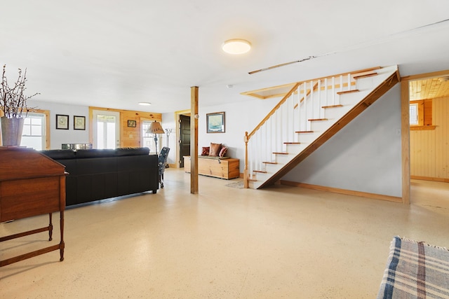 21 Linekin Rd, Boothbay Harbor, ME 04538 - living room featuring stairway and baseboards