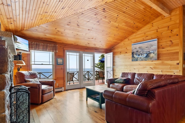 21 Linekin Rd, Boothbay Harbor, ME 04538 - living room with wood ceiling, baseboard heating, healthy amount of natural light, wood walls, and light wood finished floors