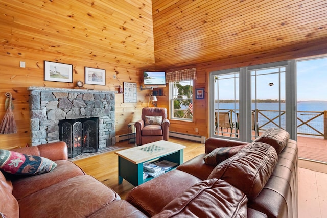 21 Linekin Rd, Boothbay Harbor, ME 04538 - living area with a baseboard radiator, a stone fireplace, wood walls, and wood finished floors