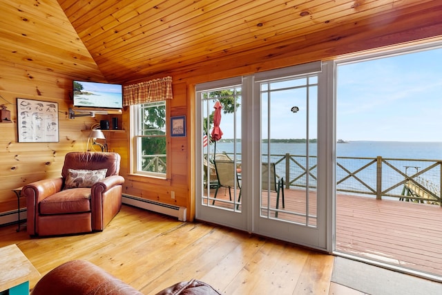 21 Linekin Rd, Boothbay Harbor, ME 04538 - entryway with a baseboard heating unit, vaulted ceiling, wooden ceiling, wood-type flooring, and wooden walls
