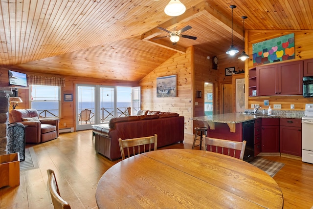 21 Linekin Rd, Boothbay Harbor, ME 04538 - dining space featuring wooden walls, light wood finished floors, wooden ceiling, a ceiling fan, and baseboard heating