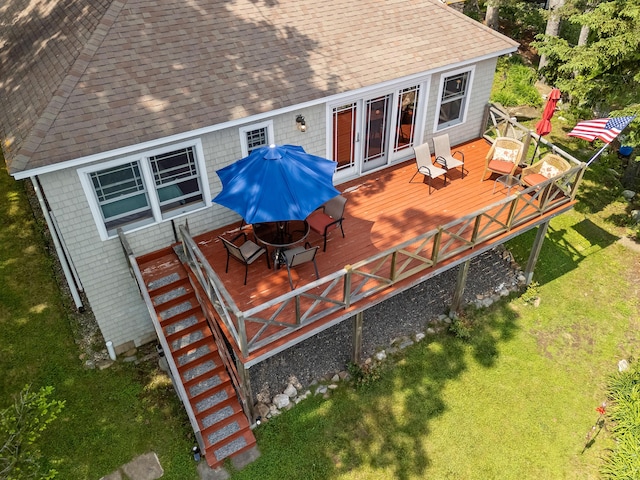 21 Linekin Rd, Boothbay Harbor, ME 04538 - rear view of house featuring a shingled roof, a wooden deck, a yard, and stairway