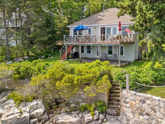 21 Linekin Rd, Boothbay Harbor, ME 04538 - back of house with stairway, a deck, and roof with shingles