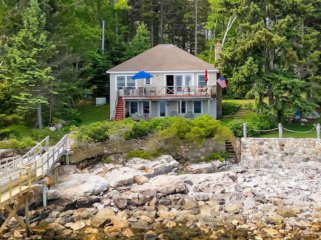 21 Linekin Rd, Boothbay Harbor, ME 04538 - rear view of property featuring stairs, a deck, and a shingled roof