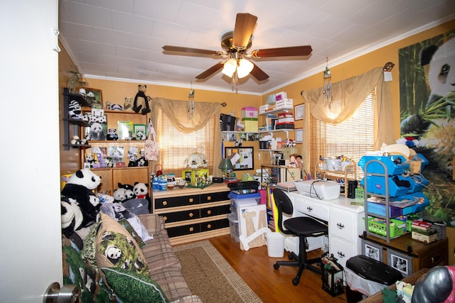 office space with crown molding, plenty of natural light, ceiling fan, and wood finished floors