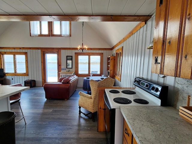 61 W Shore Rd, Harpswell, ME 04079 - kitchen featuring range with electric cooktop, dark wood finished floors, healthy amount of natural light, and a chandelier