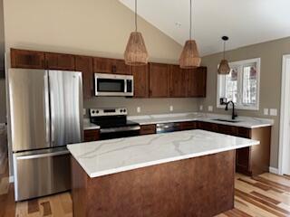 29 Sunnybrook Farm Rd, Bridgton, ME 04009 - kitchen featuring stainless steel appliances, a sink, light wood finished floors, pendant lighting, and high vaulted ceiling