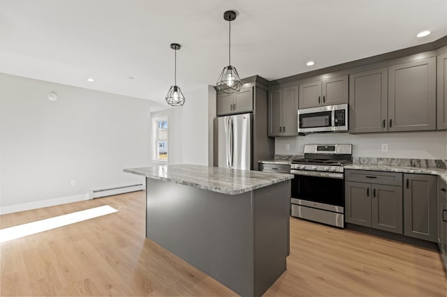 32 Jackson St, Portland, ME 04103 - kitchen with stainless steel appliances, a baseboard radiator, gray cabinetry, light wood-type flooring, and a kitchen island